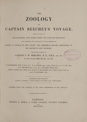 4955
<br/>
The Zoology of captain Beechey's Voyage : compiled from the collections and notes made by Captain Beechey, the officers and naturalist of the Expedition during a voyage to the Pacific and Behring's Straits performed in H.M.S. Blossom, under the command of Captain F.W. Beechey in the years 1825-1828
<br/>
<em></em>
